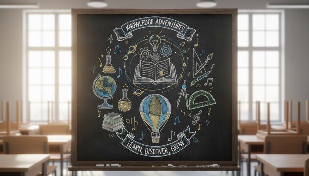 Classroom chalkboard filled with colorful education icons symbolizing learning discovery and academic growth