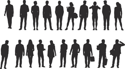 Group of diverse standing people silhouettes in various poses, modern crowd figure collection, human characters set, flat vector illustration