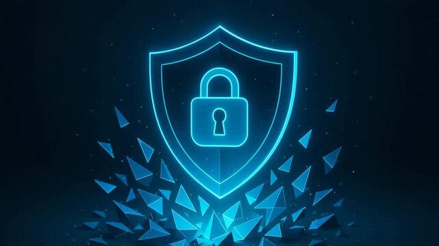 A vibrant blue shield with a padlock illustration representing digital security and protection against cyber threats.