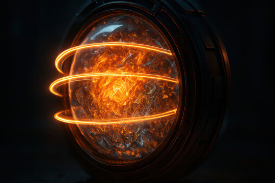 Glowing energy core with fiery orange light and swirling rings inside dark metallic casing, emitting powerful futuristic and sci fi vibe