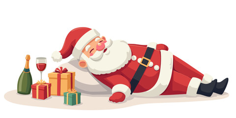 Santa Claus relaxing beside presents and champagne after Christmas  