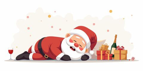 Santa Claus sleeping on the floor with gifts and champagne nearby  