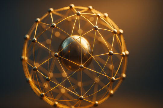 Golden network sphere metallic structure abstract design glowing lines futuristic object technology concept intricate pattern 3D rendering modern art digital illustration