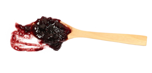 Black berry mixture jam spread, blackberries, blueberries, chokeberry in wooden spoon isolated on white background, top view