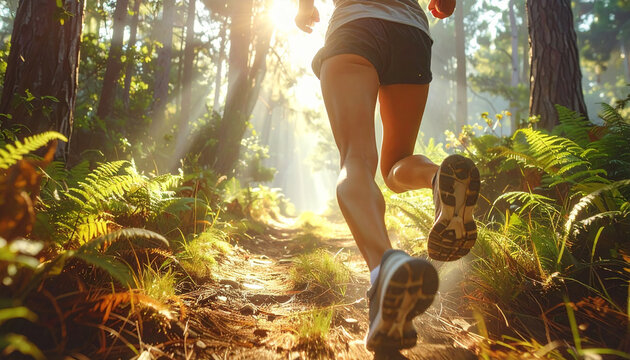 Dynamic shot of a fit runner on a forest trail, early morning sunlight through trees, motion blur on legs, energetic and inspiring scene, natural tones