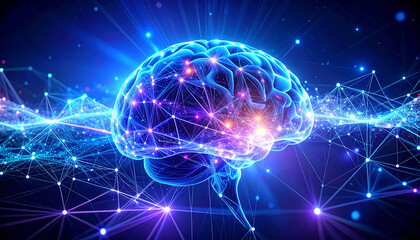 Glowing digital brain made of neural network lines, flowing data particles, blue–purple futuristic color palette, high-contrast sci-fi lighting, ultra-detailed, cinematic technology illustration