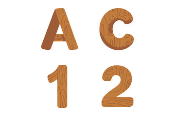 Wooden letters A and C, carved numbers one and two, rustic alphabet digits set, decorative craft vector illustration