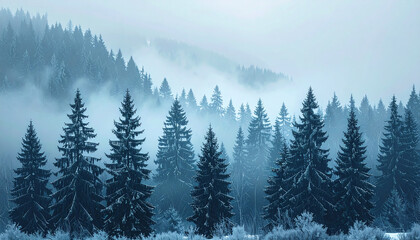 Fototapeta premium Serene winter forest covered in mist, tall pines fading into fog, cold blue-grey color palette, moody atmospheric nature photograph, soft diffuse light