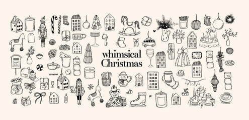 Whimsical trendy doodle elements set of cozy Christmas . Hand drawn coquette vector illustration set