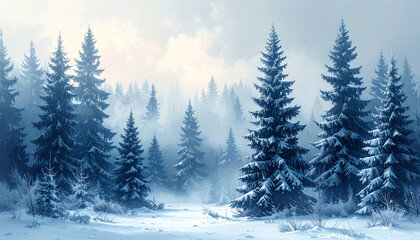 Serene winter forest covered in mist, tall pines fading into fog, cold blue-grey color palette, moody atmospheric nature photograph, soft diffuse light