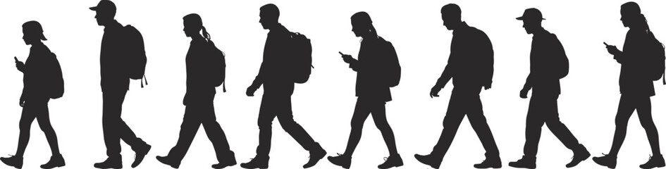 Walking people silhouettes, diverse young adults walking with backpacks, urban pedestrian movement, modern lifestyle poses, black silhouette group, flat vector illustration