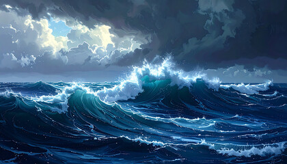 Dramatic stormy ocean waves under cloudy sky, dark blue water, high-detail natural photography