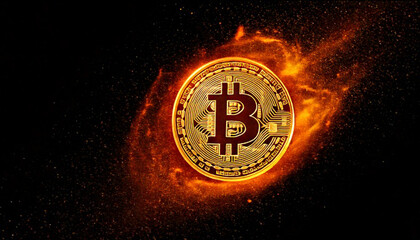 Golden cryptocurrency coin floating with glowing digital particles, black background, dramatic lighting