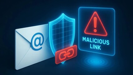 This image represents online security, featuring a shield, email symbol, and warning for malicious links in the digital space.
