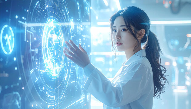 Doctor standing with floating holographic medical interface, blue-white lighting, futuristic healthcare scene
