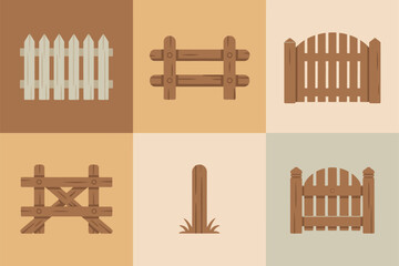 Fence grid icons, white pickets, heavy rails, arched gate, rustic cross brace, ground stake, homestead boundary vector