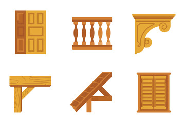 Classic carpentry components collection, raised panel door, turned spindles, decorative corbel, stair stringer, louver shutter, window mantel © RA Studio