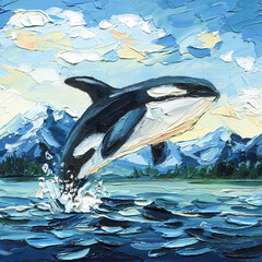 Orca jumping over blue ocean water with mountain landscape in vibrant impasto acrylic painting for nature wall art © Hanna
