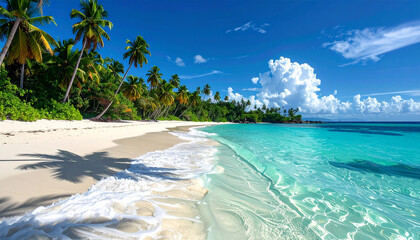 Tropical beach with crystal clear turquoise water, white sand, palm trees, bright sunny sky, travel photography
