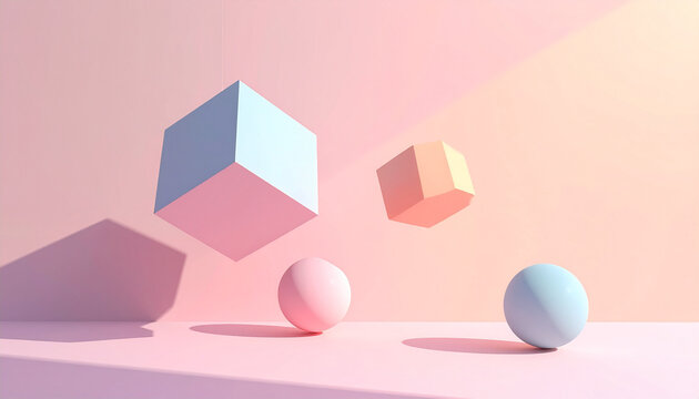 Minimal 3D geometric shapes floating in clean pastel background, soft shadows, modern abstract composition