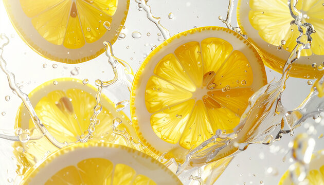 High-speed macro shot of lemon slices in clear water splash, crisp details, vibrant yellow tones, white background, commercial style