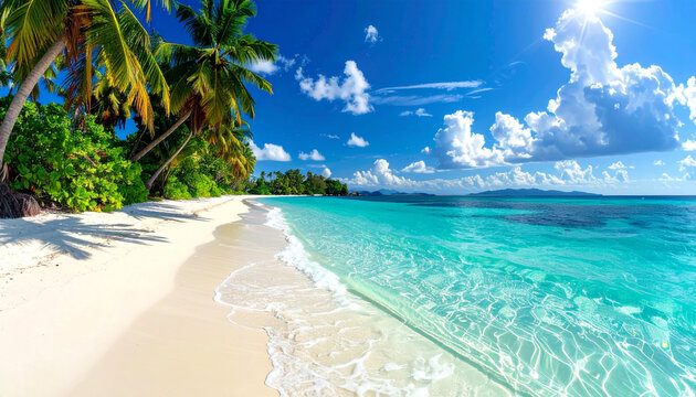 Tropical beach with crystal clear turquoise water, white sand, palm trees, bright sunny sky, travel photography - Powered by Adobe