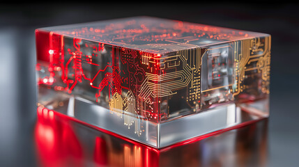 Transparent acrylic tech block with glowing circuit pattern