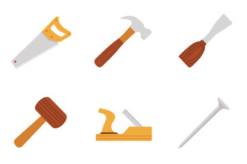 Woodworking tools set, hand saw, claw hammer, chisel, mallet, smoothing plane, splitting axe, carpentry equipment vector
