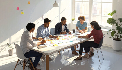 Professional business meeting with diverse team around table, modern office, natural lighting, realistic photography, collaborative atmosphere