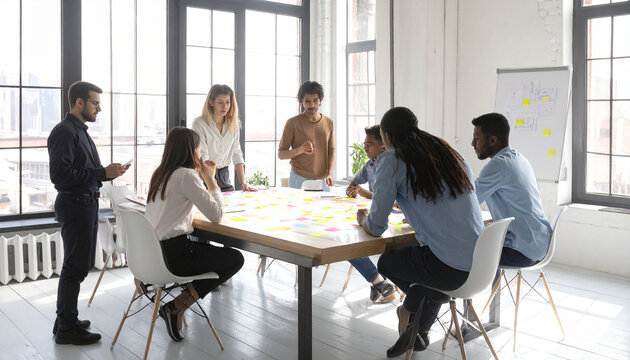Professional business meeting with diverse team around table, modern office, natural lighting, realistic photography, collaborative atmosphere - Powered by Adobe