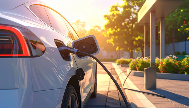 Electric vehicle charging at modern station, clean daylight, futuristic eco-friendly design