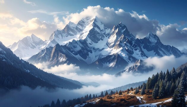 Epic snowy mountain range with low clouds, cool blue tones, atmospheric nature photo