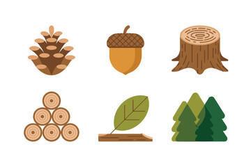 Woodland elements set, pinecone and acorn, weathered stump, bundled logs, small fir trees, rustic nature vector
