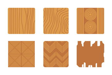 Natural wood panel textures, straight grain, concentric rings, chevron patterns, grooved tiles, carpenter samples, interior design vector