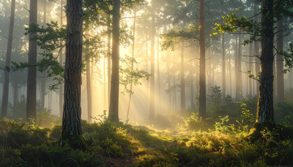 Misty forest with soft morning light filtering through trees, calm atmospheric mood