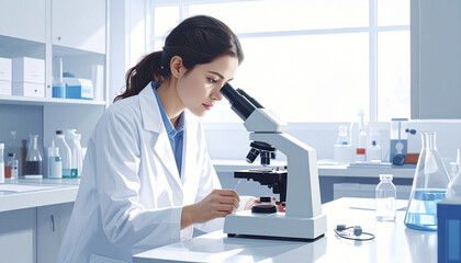 Scientist examining samples under microscope in bright modern lab, clean white lighting