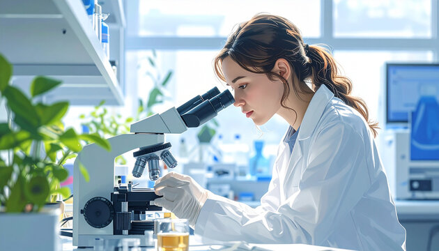 Scientist examining samples under microscope in bright modern lab, clean white lighting