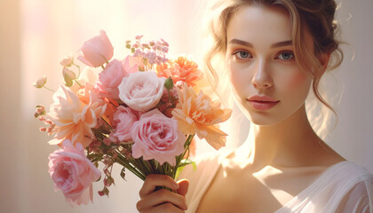Obraz premium Woman holding fresh bouquet of pastel flowers, soft natural light, dreamy atmosphere