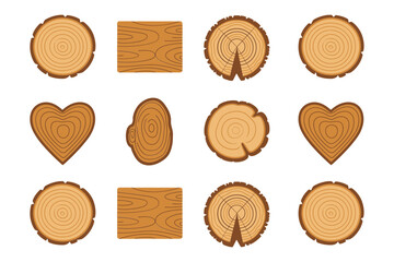 Timber cross section icons, heart and round slices, oval cuts, bark edge coins, natural woodgrain, carpentry design vector
