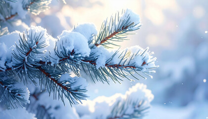 Close-up of pine branches covered with fresh snow, cold blue tones, winter macro photography