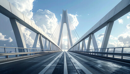Dramatic perspective view of modern urban bridge, strong lines, cloudy sky, high-detail architecture photo