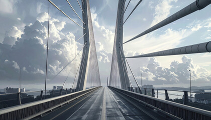 Obraz premium Dramatic perspective view of modern urban bridge, strong lines, cloudy sky, high-detail architecture photo