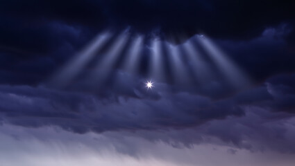 Ethereal light beams pierce dramatic storm clouds, illuminating a distant sun in a captivating celestial spectacle