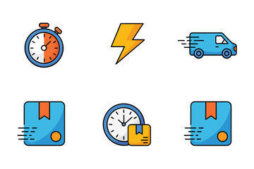 Express delivery icons, stopwatch timing, lightning bolt, fast courier van, parcel with clock, quick shipping badge, vector