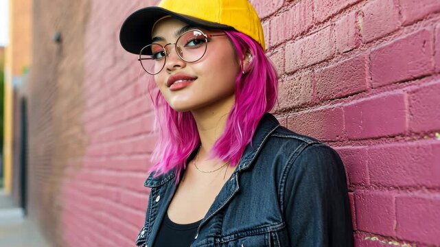 Vibrant urban style portrait with pink hair and yellow cap against colorful brick wall