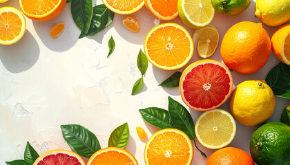 Top-down arrangement of colorful citrus fruits on bright clean background, crisp detail