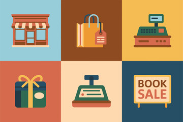 Book shop grid set, awning storefront, shopping bag lock, receipt stamper, book sale board, present box icon