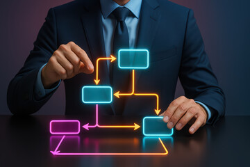 Businessman in suit creating flowchart with neon arrows and boxes, illustrating process management and decision making in dark office environment with reflective surface