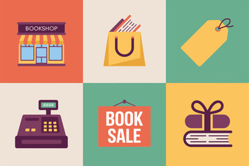 Books retail tiles collection, storefront badge, gift box, tag label, vintage register, sale board, stacked books icon