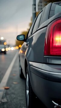 Rainy day urban driving sequence featuring a car's tail lights in soft focus